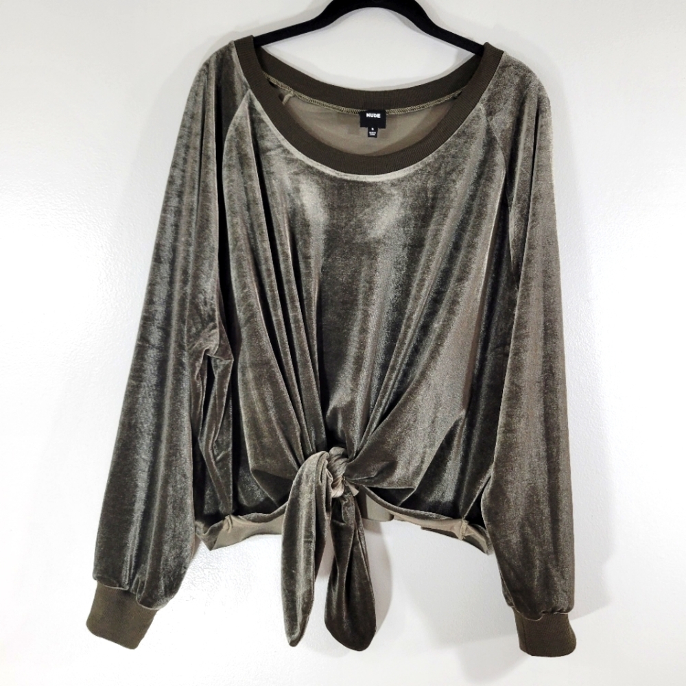NUDE APPAREL CO. olive green velour front knot round neck pullover sweatshirt